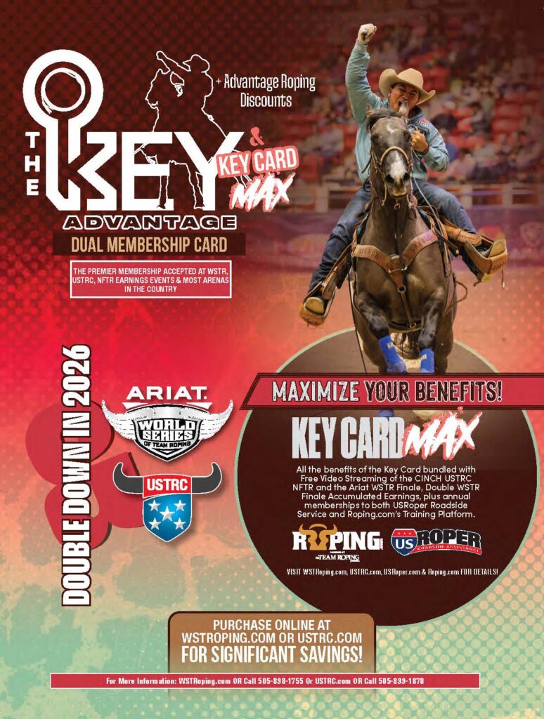 Bronc rider celebrates on horseback at rodeo arena promoting The Key Advantage dual membership card for WSTR and USTRC events