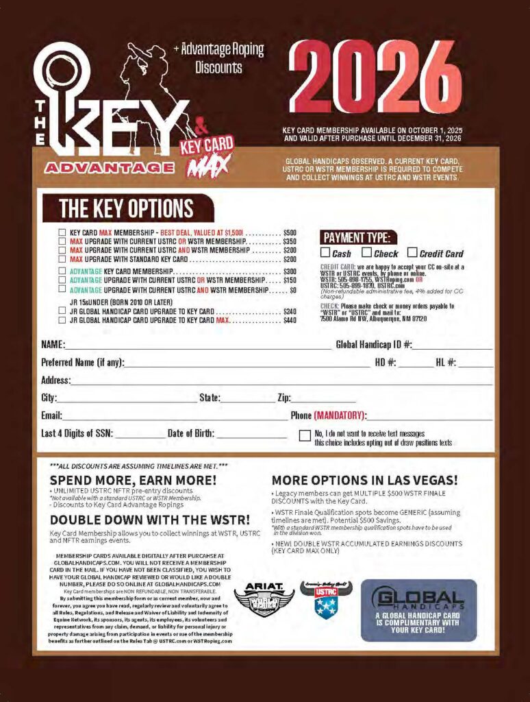 The Key Advantage Roping 2026 membership card application form with pricing options ranging from $500-$850 and payment details for rodeo and roping event access