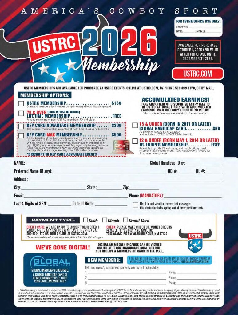 USTRC 2026 membership form for America's cowboy sport, featuring pricing options from $150 to $500 and youth membership tiers