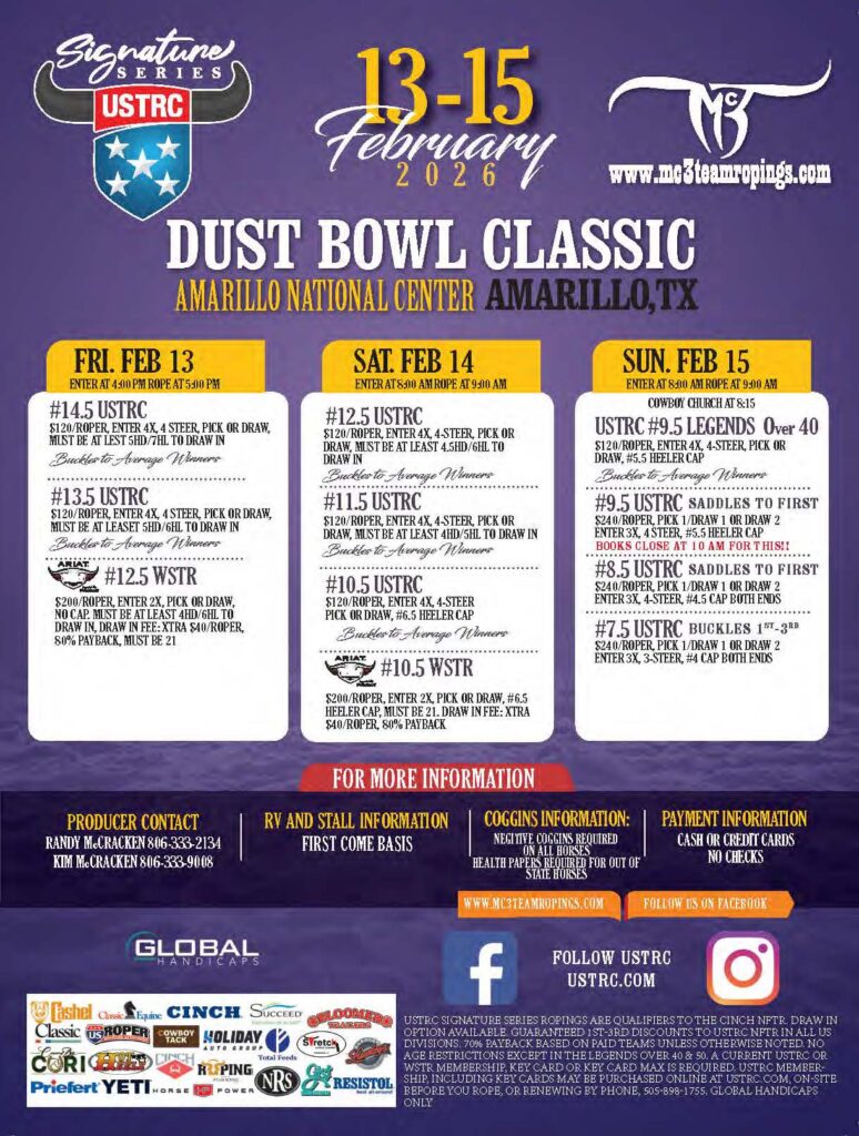 Dust Bowl Classic USTRC rodeo event flyer for February 13-15, 2026, in Amarillo, Texas, listing jackpots for team roping, saddle bronc, and bucking events
