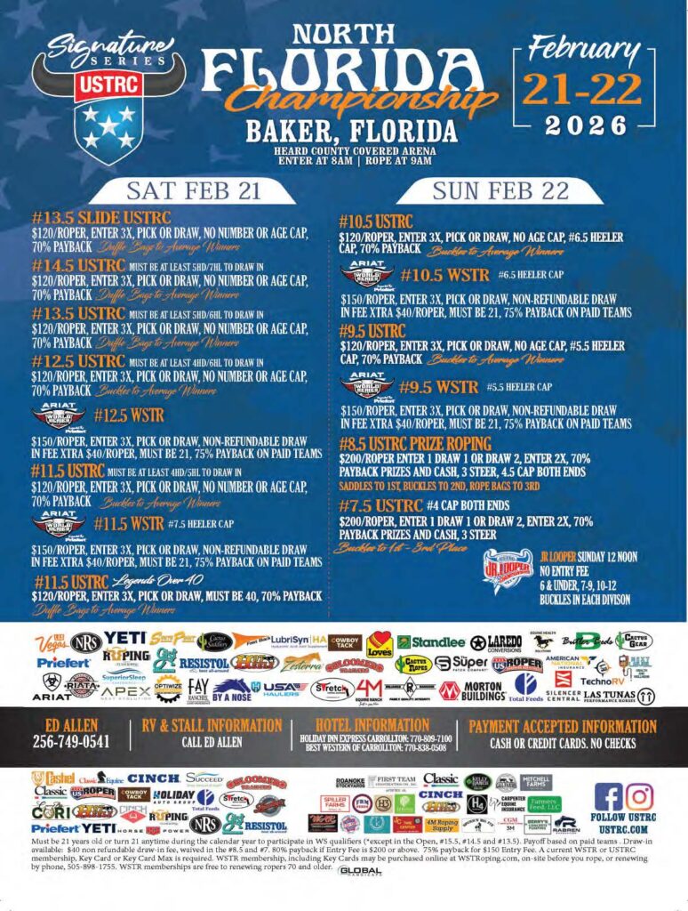North Florida Championship rodeo flyer for February 21-22, 2026, listing events including team roping, steer roping, and breakaway roping with entry fees and payout details