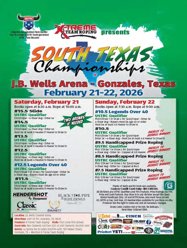 South Texas Championships poster for team roping and other rodeo events at J.B. Wells Arena in Gonzales, Texas, February 21-22, 2026