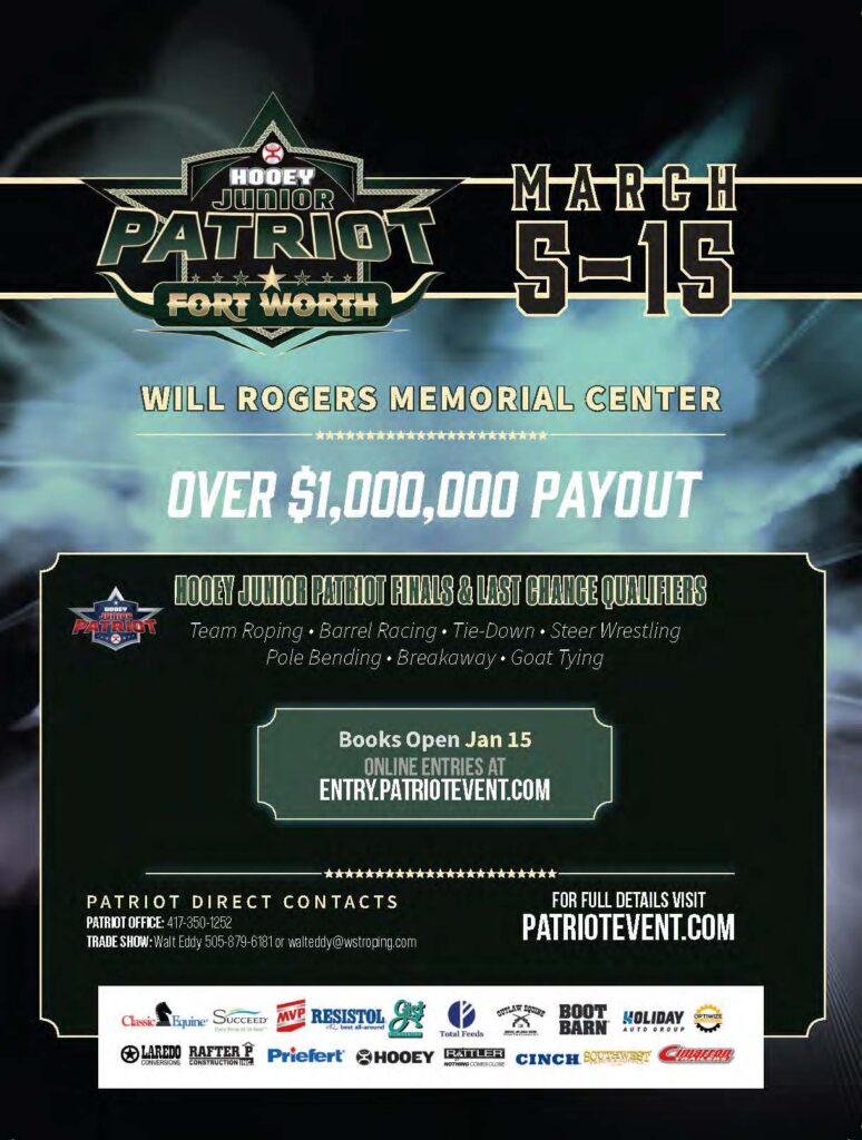 Hooey Junior Patriot Fort Worth event poster advertising March 5-15 competition at Will Rogers Memorial Center with over $1,000,000 payout for team roping, barrel racing, tie-down, steer wrestling, pole bending, breakaway, and goat tying