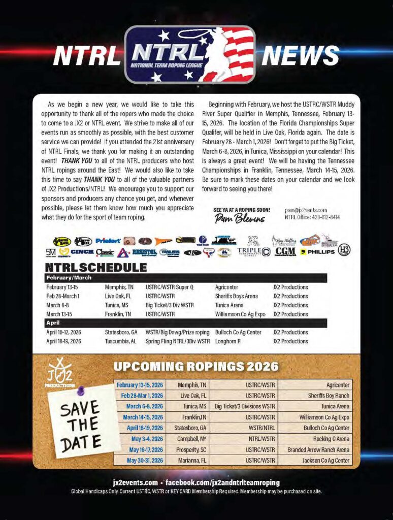 NTRL National Team Roping League news announcement with 2026 schedule and upcoming ropings listed for team roping events across multiple states