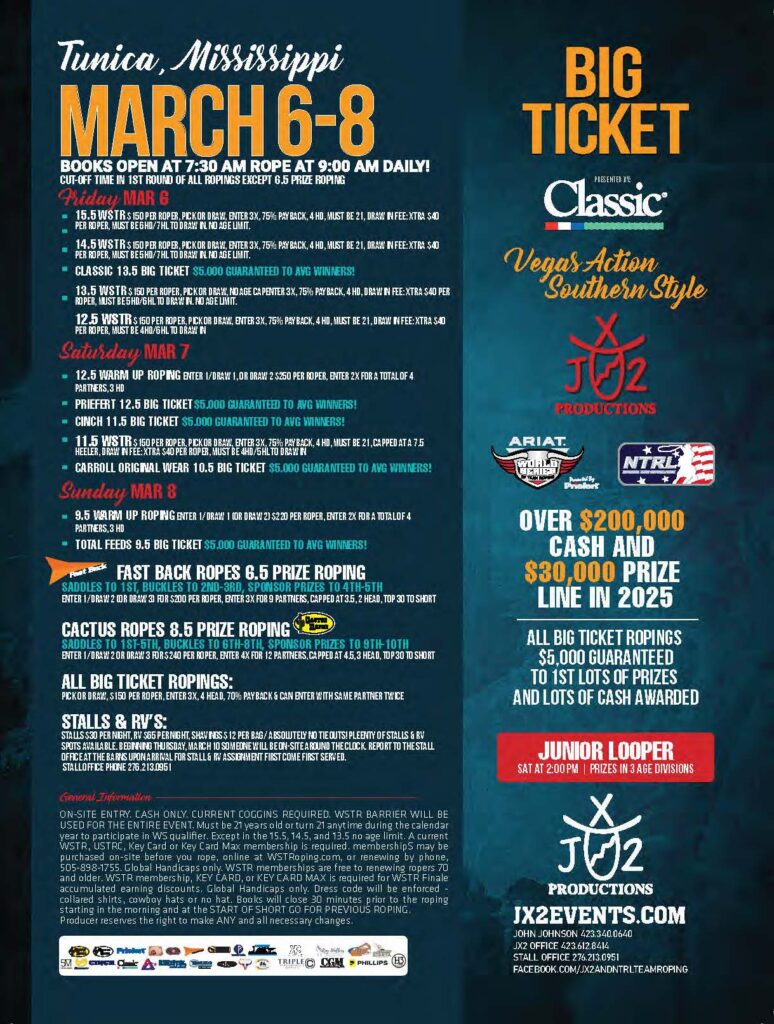 Flyer for Big Ticket Classic rodeo in Tunica, Mississippi, March 6-8, featuring team roping, barrel racing, and breakaway roping events with over $200,000 in prize money