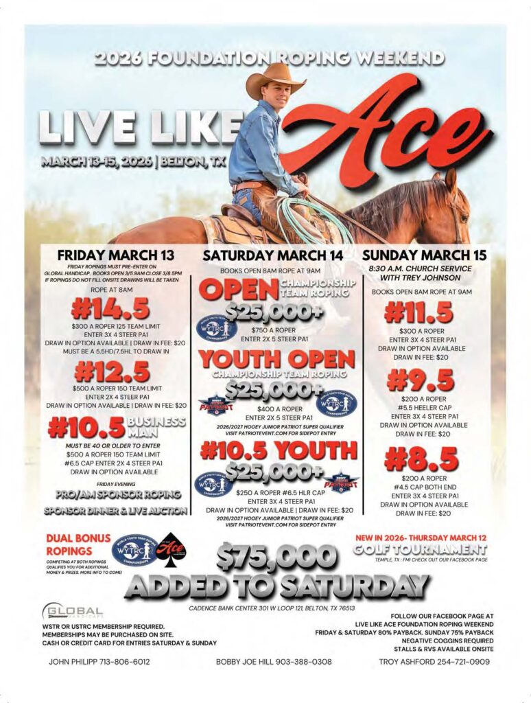 Cowboy on horseback promotes 2026 Foundation Roping Weekend in Belton, Texas, March 13-15, with event details and prize purses listed for team roping, youth roping, and breakaway competitions
