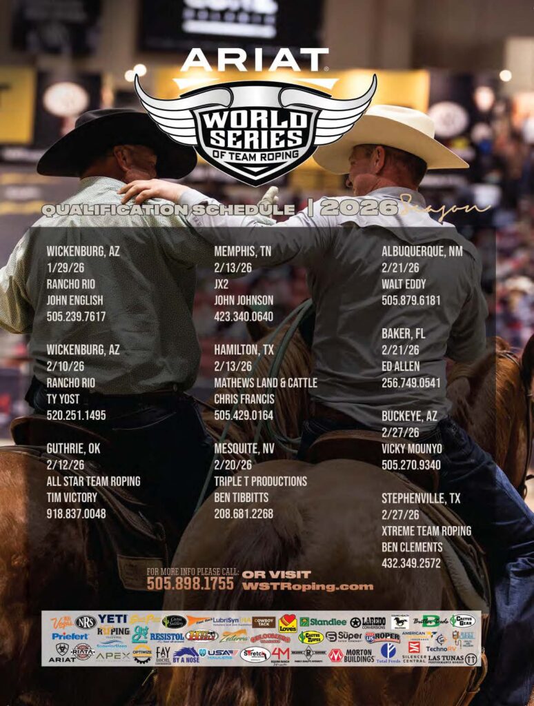 Ariat World Series of Team Roping 2026 qualification schedule poster featuring two cowboys in traditional Western attire and hats