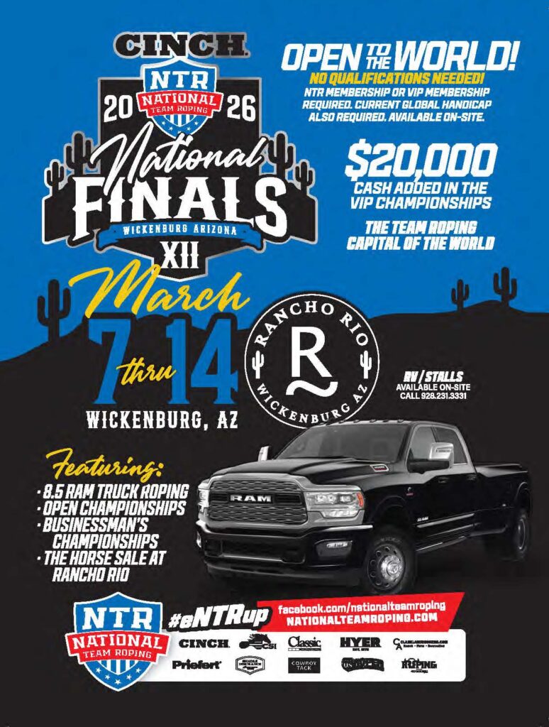 Cinch NTR National Finals XII promotional poster for March 7-14 team roping championships in Wickenburg, Arizona, featuring a black RAM truck and $20,000 prize pool details