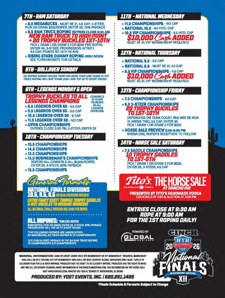2026 INTR National Finals schedule flyer listing rodeo events from July 7-14, including roping, barrel racing, and horse sale competitions with entry fees and cash prizes