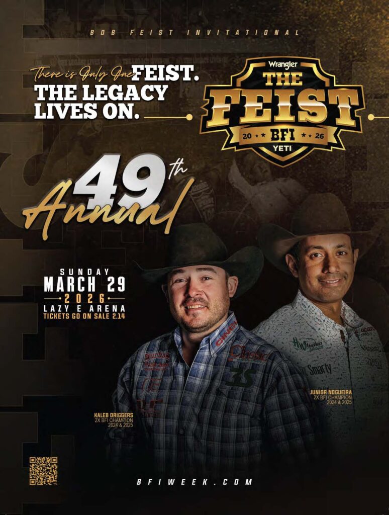 BDB Feist Invitational poster advertising the 49th annual Wrangler Feist event on March 29, 2026 at Lazy E Arena, featuring two male competitors in Western shirts and cowboy hats