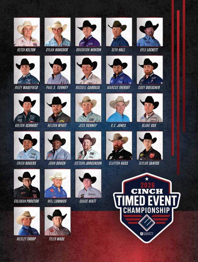 Headshots of 28 cowboys and cowgirls wearing Stetsons arranged in a grid for the 2025 Cinch Timed Event Championship