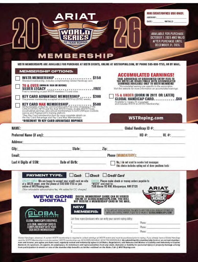 Ariat WSTR 2026 membership form with pricing options ranging from $150 to $500 and accumulated earnings details for team roping competitors