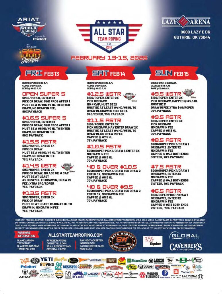 All Star Team Roping event poster for February 13-15, 2025 at Lazy E Arena in Guthrie, Oklahoma, listing competition details and entry fees for multiple roping events across three days