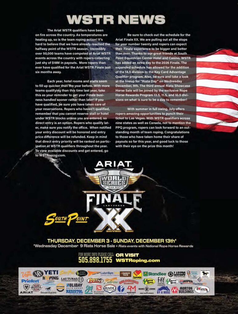 WSTR News promotional flyer for Ariat World Series Team Roping Finale XX at South Point, December 3-13, featuring event details and sponsor logos