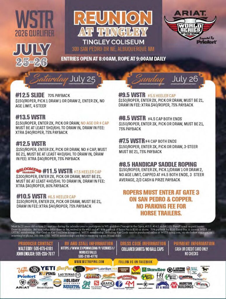 Flyer for WSTR 2026 Qualifier Reunion at Tingley, advertising team roping and saddle roping events July 25-26 in Albuquerque, New Mexico
