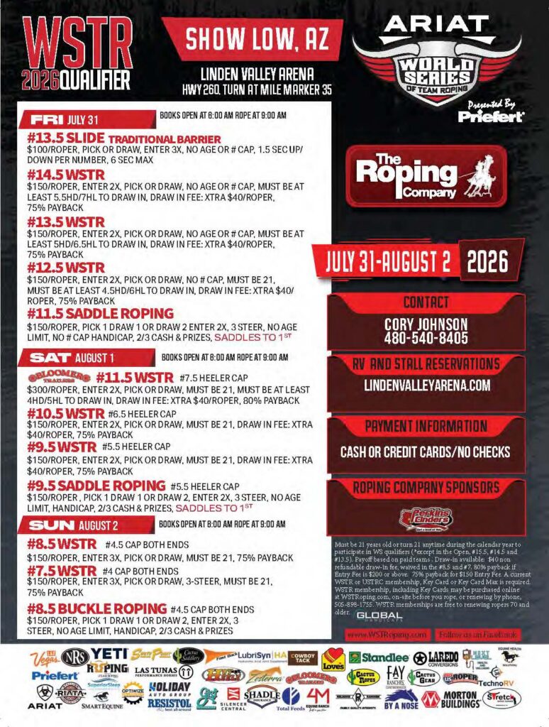 WSTR 2026 Qualifier flyer for Show Low, Arizona rodeo event July 31-August 2 at Linden Valley Arena, featuring team roping, saddle roping, barrel racing, and breakaway roping competitions with entry fees and draw information