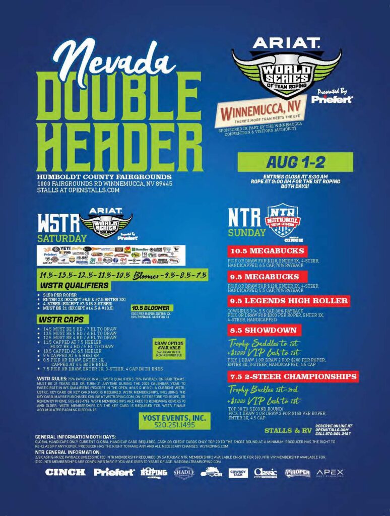 Nevada Double Header ARIAT World Series of Team Roping event poster for Aug 1-2 in Winnemucca, featuring WSTR Saturday and NTR Sunday competitions with entry fees and event details
