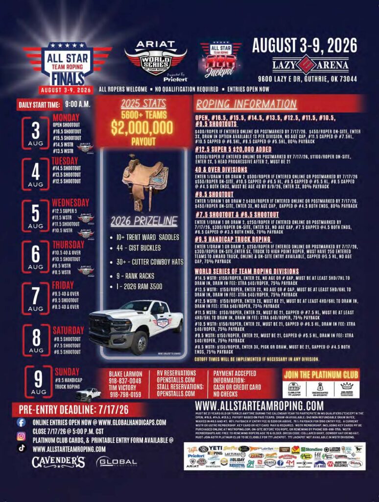 ARIAT All Star Rodeo Finals promotional flyer for August 3-9, 2026 at Lazy E Arena in Guthrie, Oklahoma, featuring daily roping events, $2 million payout, and prize details