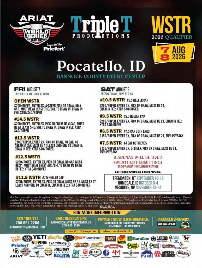 ARIAT World Series 2026 Qualifier flyer advertising WSTR team roping event August 7-8 in Pocatello, Idaho at Bannock County Event Center