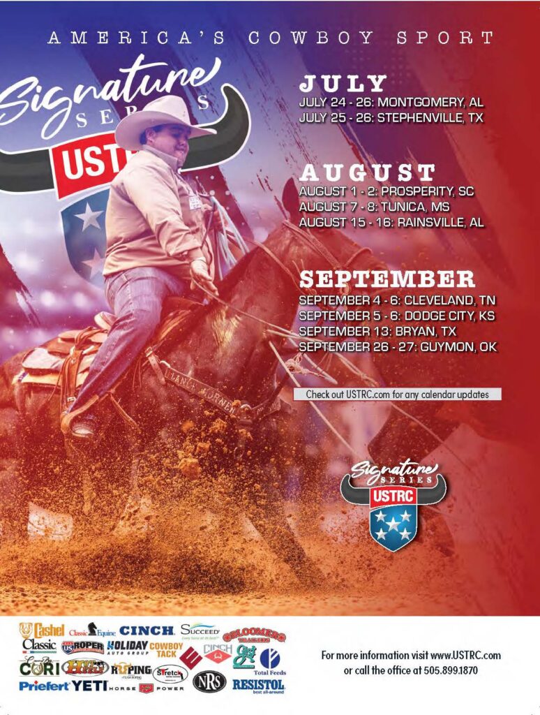 Rodeo bull rider in white cowboy hat and pink shirt mid-ride on bucking bull, kicking up dust, with USTRC Signature Series schedule for July through September events listed on red background