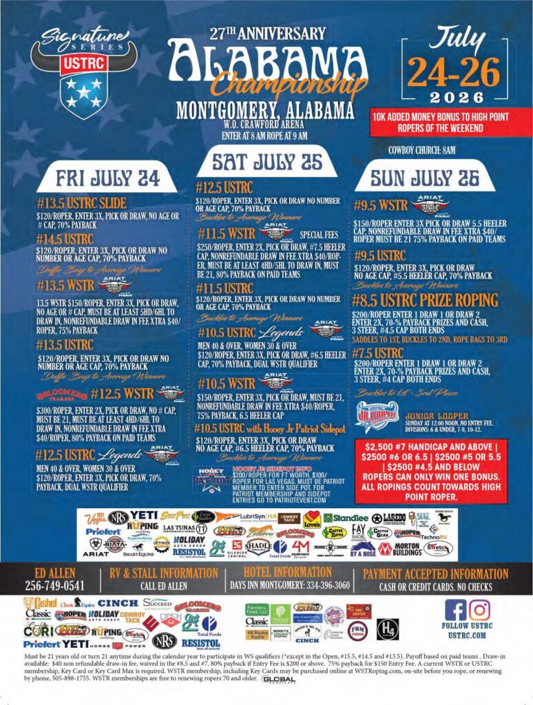 27th Anniversary Alabama Championship rodeo flyer for July 24-26, 2026 in Montgomery listing USTRC and WSTR events with entry fees and payouts