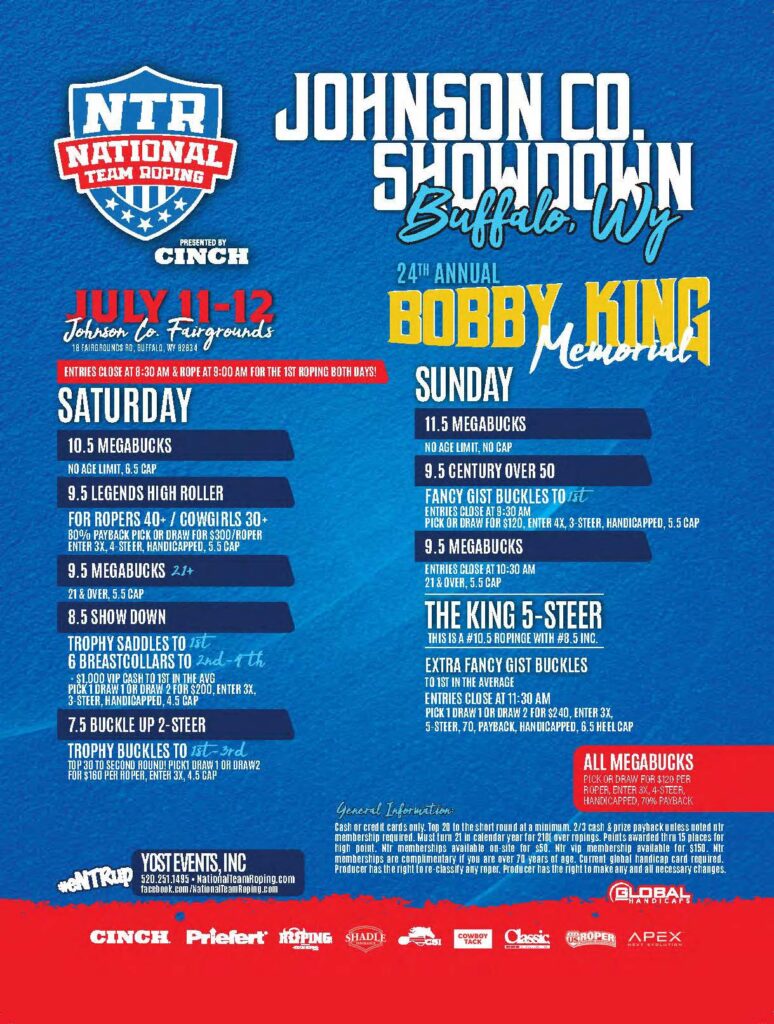 Johnson Co Showdown Buffalo Way 24th Annual Bobby King Memorial rodeo flyer for July 11-12 at Holbein Fairgrounds, listing Saturday and Sunday roping and riding events presented by Cinch and YOST Events Inc