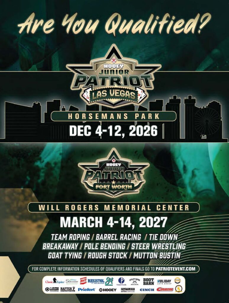 Hooey Junior Patriot event promotional graphic advertising qualifications in Las Vegas December 4-12, 2026 and Fort Worth March 4-14, 2027, featuring team roping, barrel racing, breakaway, pole bending, steer wrestling, goat tying, rough stock and mutton bustin disciplines