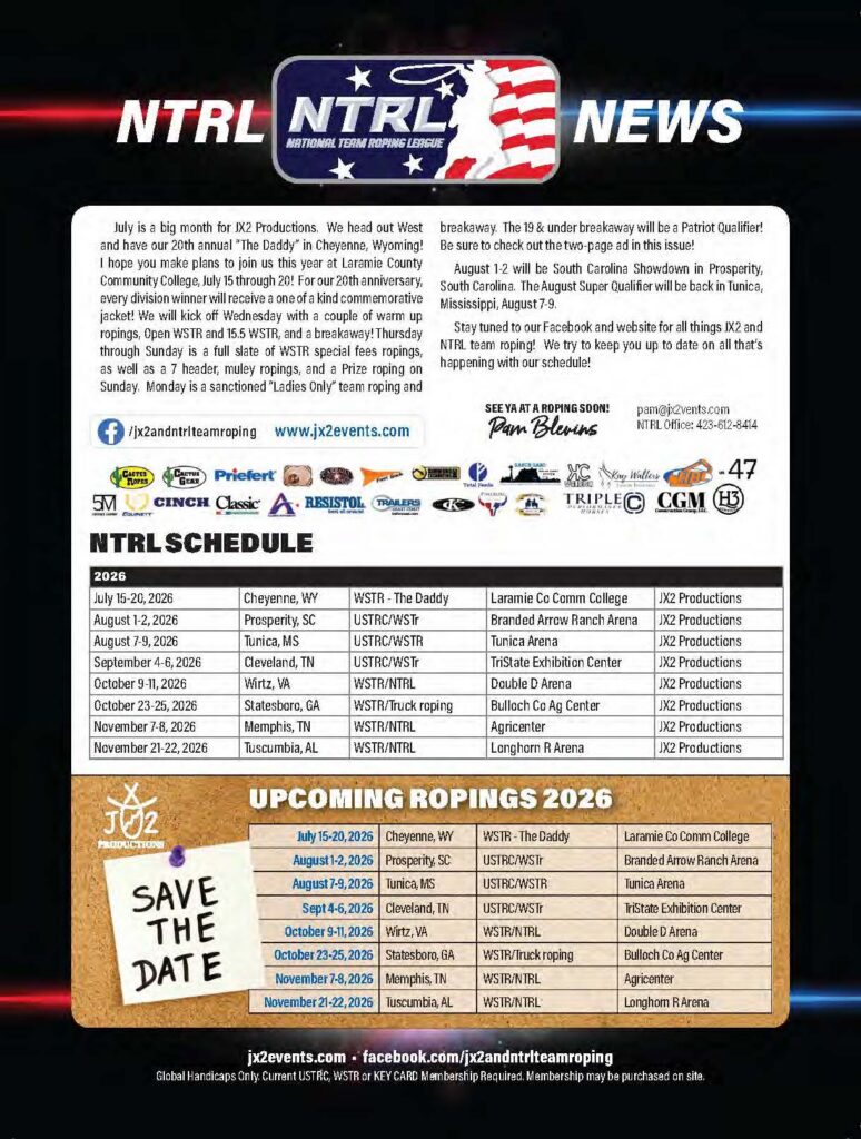 NTRL News newsletter featuring July 2026 team roping schedule and upcoming rodeo dates across multiple Western venues