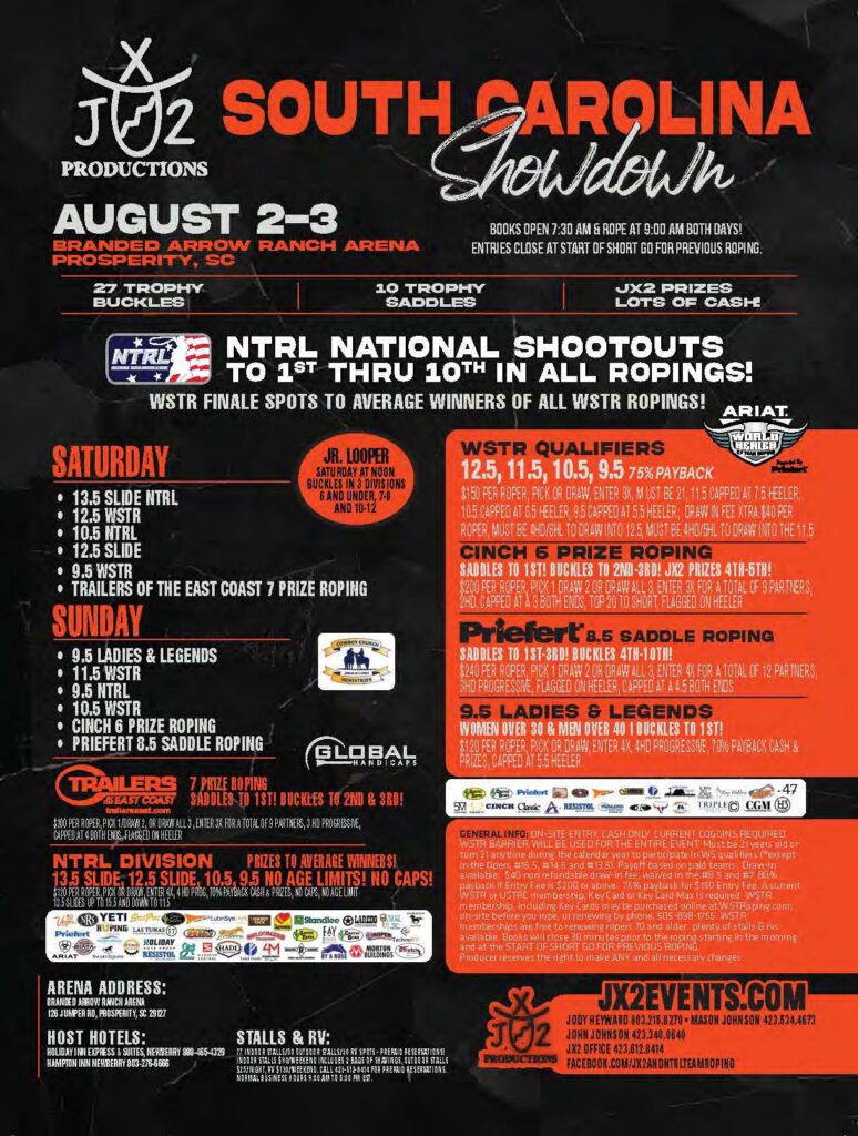 South Carolina Showdown rodeo event flyer for August 2-3 at Branded Arrow Ranch Arena, featuring NTRL National Shootouts, team roping, saddle bronc, barrel racing, and breakaway roping competitions with entry details and sponsor information