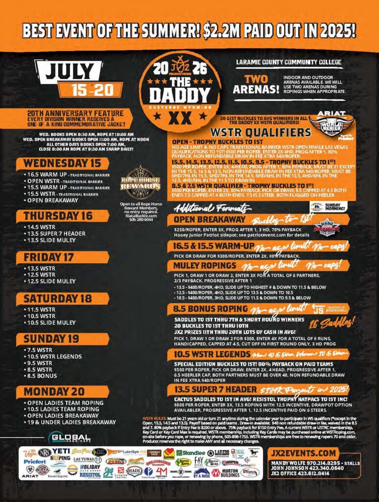 The Daddy XX WSTR Qualifiers event flyer for July 15-20 at Laramie County Community College, featuring $2.2M in payouts across team roping, barrel racing, breakaway roping, and other rodeo competitions