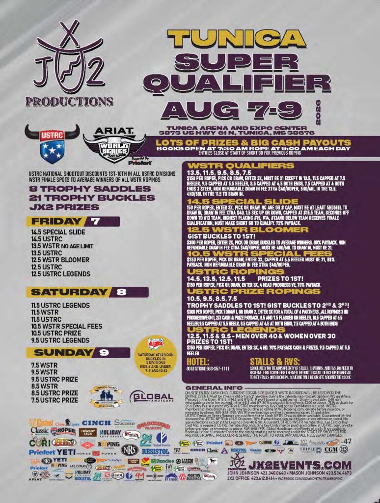 Tunica Super Qualifier rodeo event flyer advertising Aug. 7-9 competition with entry fees, prize payouts, and schedule for breakaway roping, barrel racing, and team roping divisions