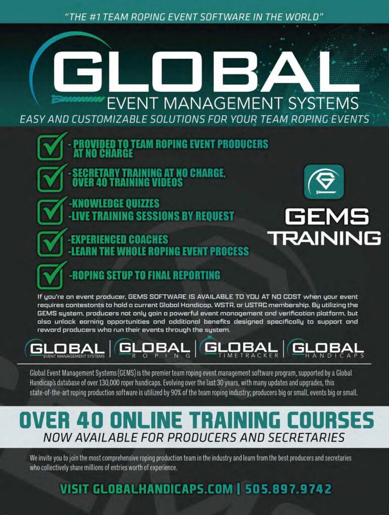 Global Event Management Systems promotional flyer advertising team roping event software, training courses, and services for rodeo producers and secretaries