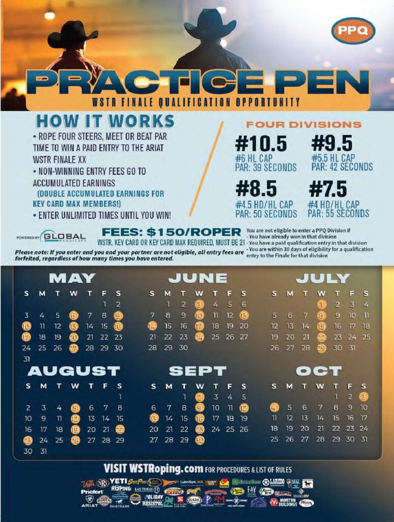 PPQ Practice Pen WSTR Finale Qualification Opportunity flyer featuring two silhouetted cowboys at sunset, with event details, four division brackets, entry fees, and competition calendar from May through October