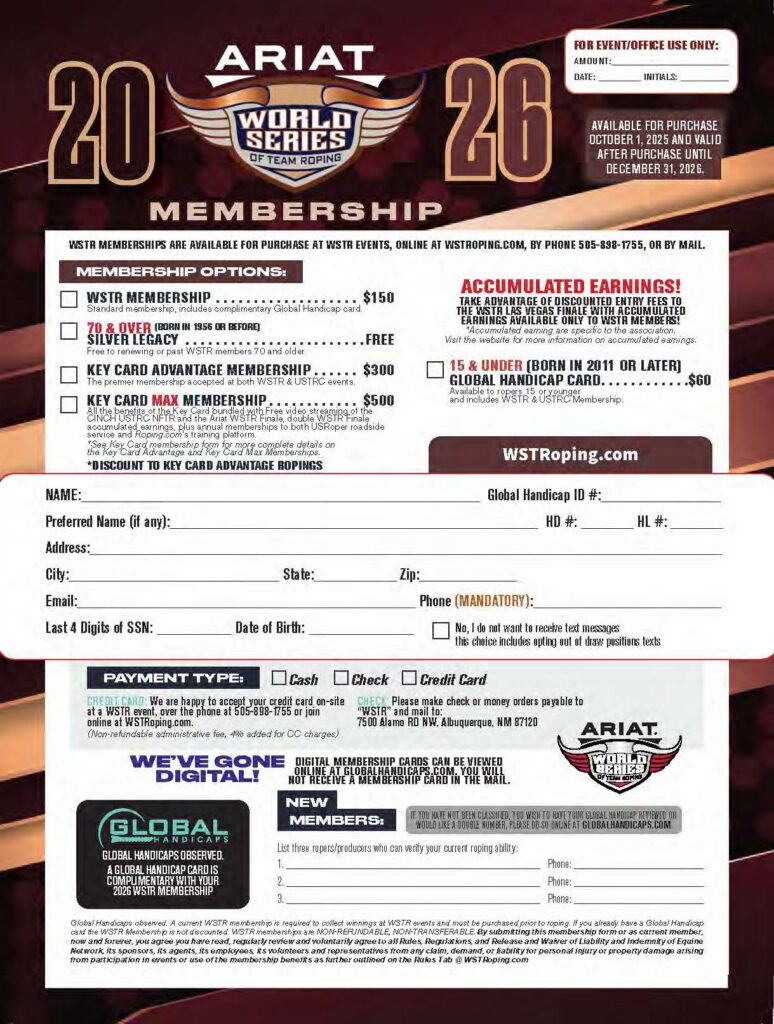 ARIAT World Series 2026 membership form with pricing options ranging from $150 to $500, available for purchase through October 1, 2025