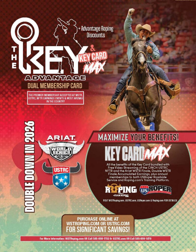 Rodeo competitor on horseback with fist raised celebrates at arena; promotional flyer for The Key Advantage dual membership card offering USTRC and WSTR benefits