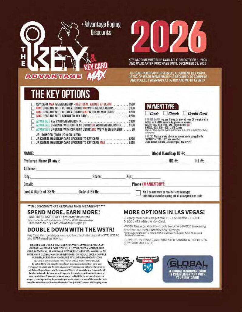 2026 KEY Card Advantage Roping membership and discount options form for USTRC and WSIR rodeo events