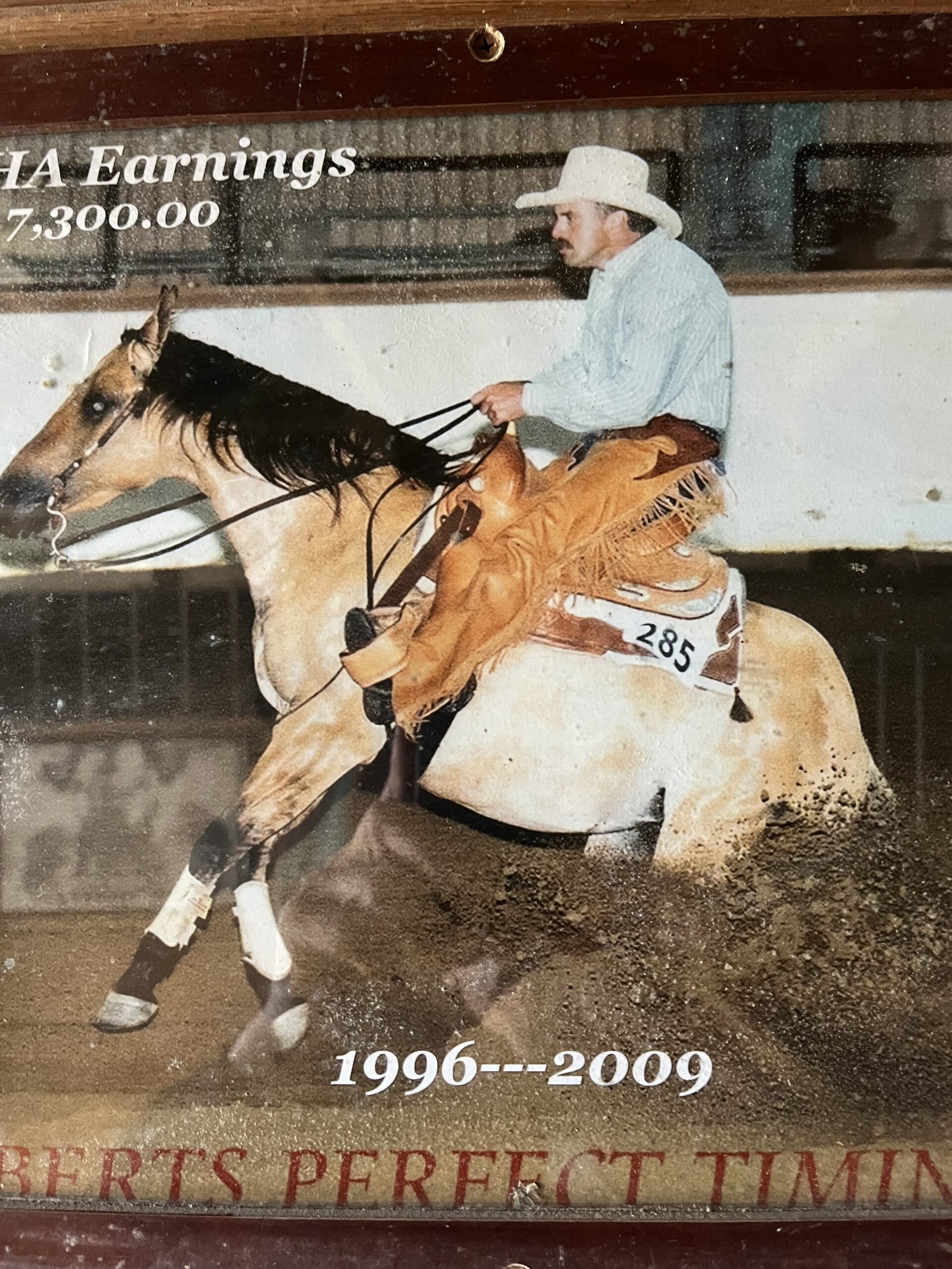 Cowboy in white hat and light blue shirt rides a tan and white horse with black mane during a rodeo event, saddle number 285 visible, arena barrier behind them