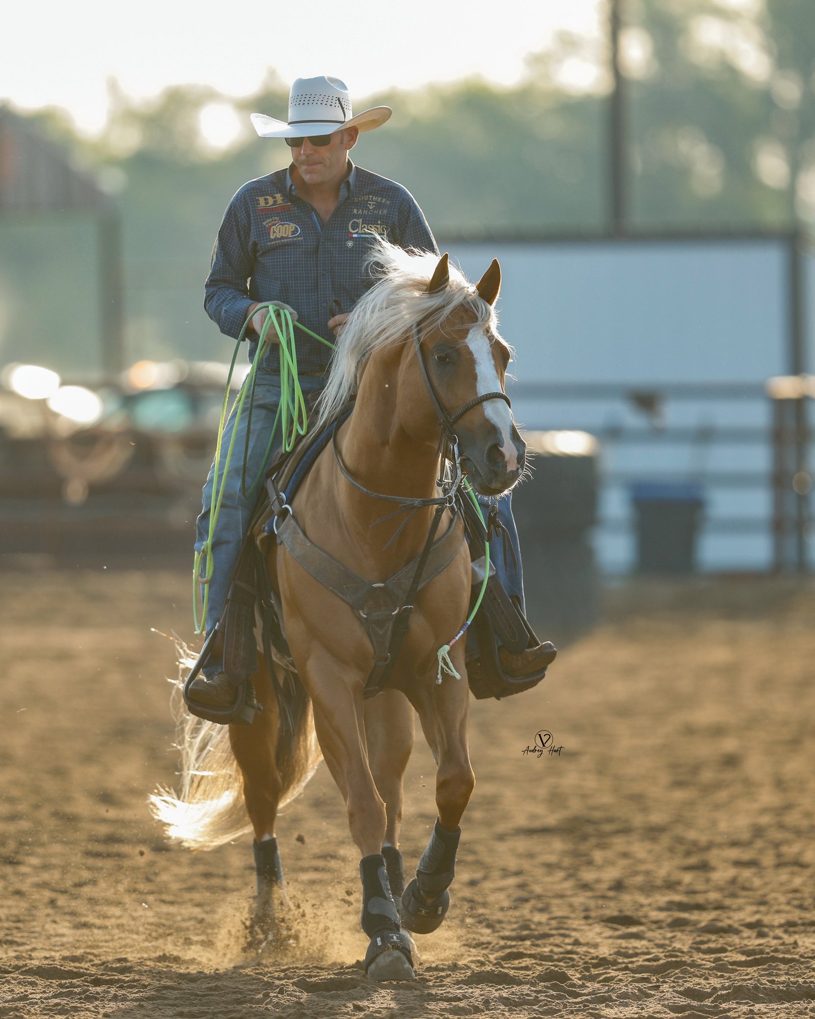 Rodeo competitor on horseback holding a coiled rope while riding across an arena dirt floor