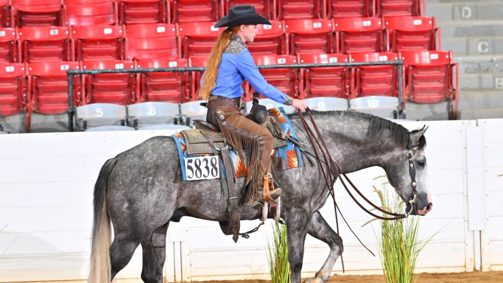 Cowgirl in blue shirt and black hat rides gray horse wearing saddle with competition number 5838 in arena with red seats in background
